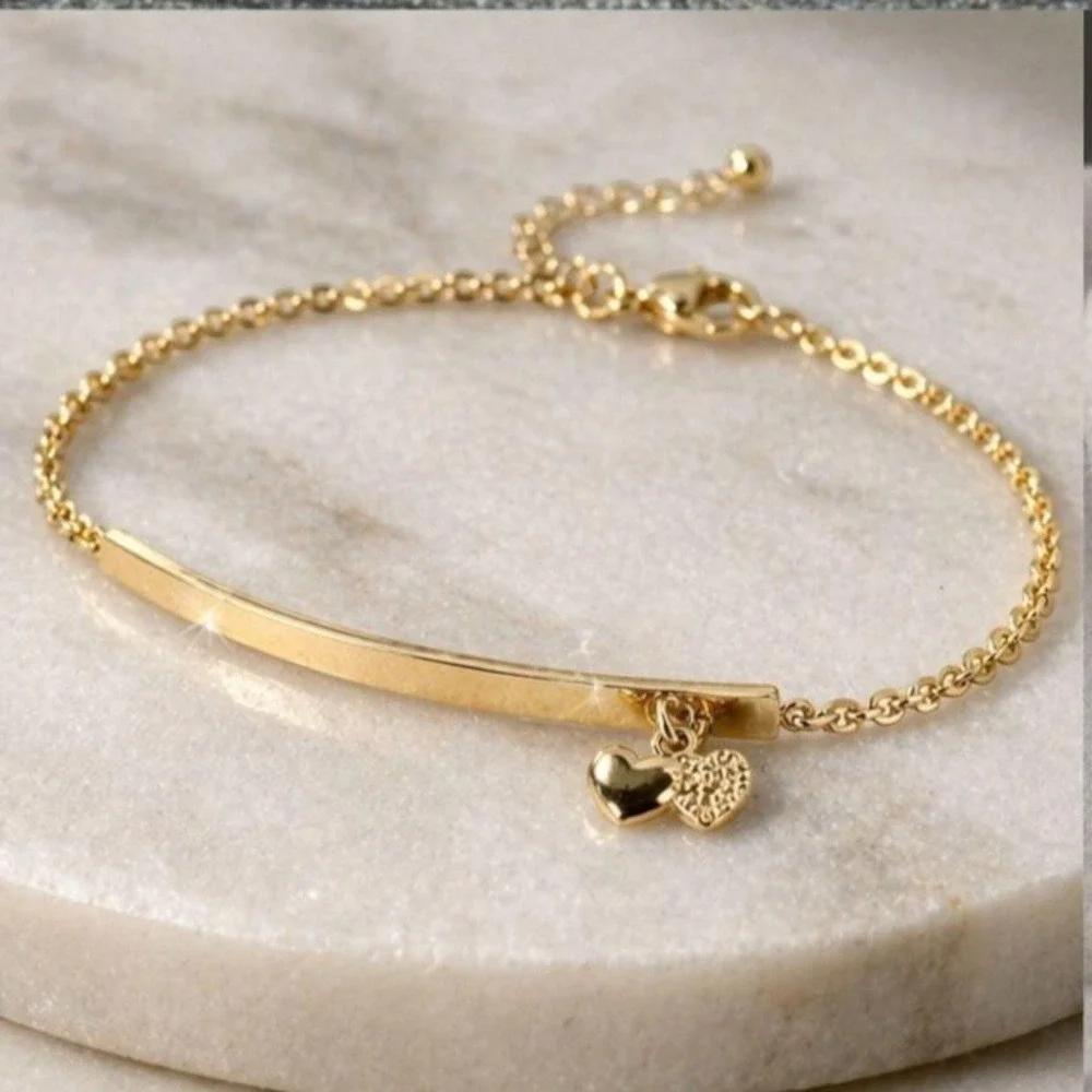 Vintage Gold Tone Heart Charm Bracelet Dainty Bar Chain 7.25